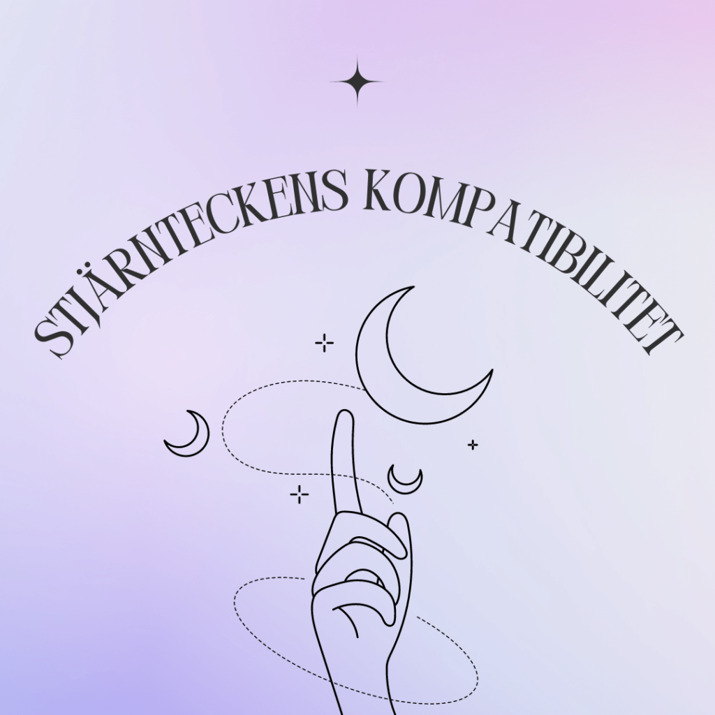 Illustration av en hand som pekar uppåt mot stjärnorna och en text "Stjärnteckens kompatibilitet". Illustrationen är i astrologi stil.